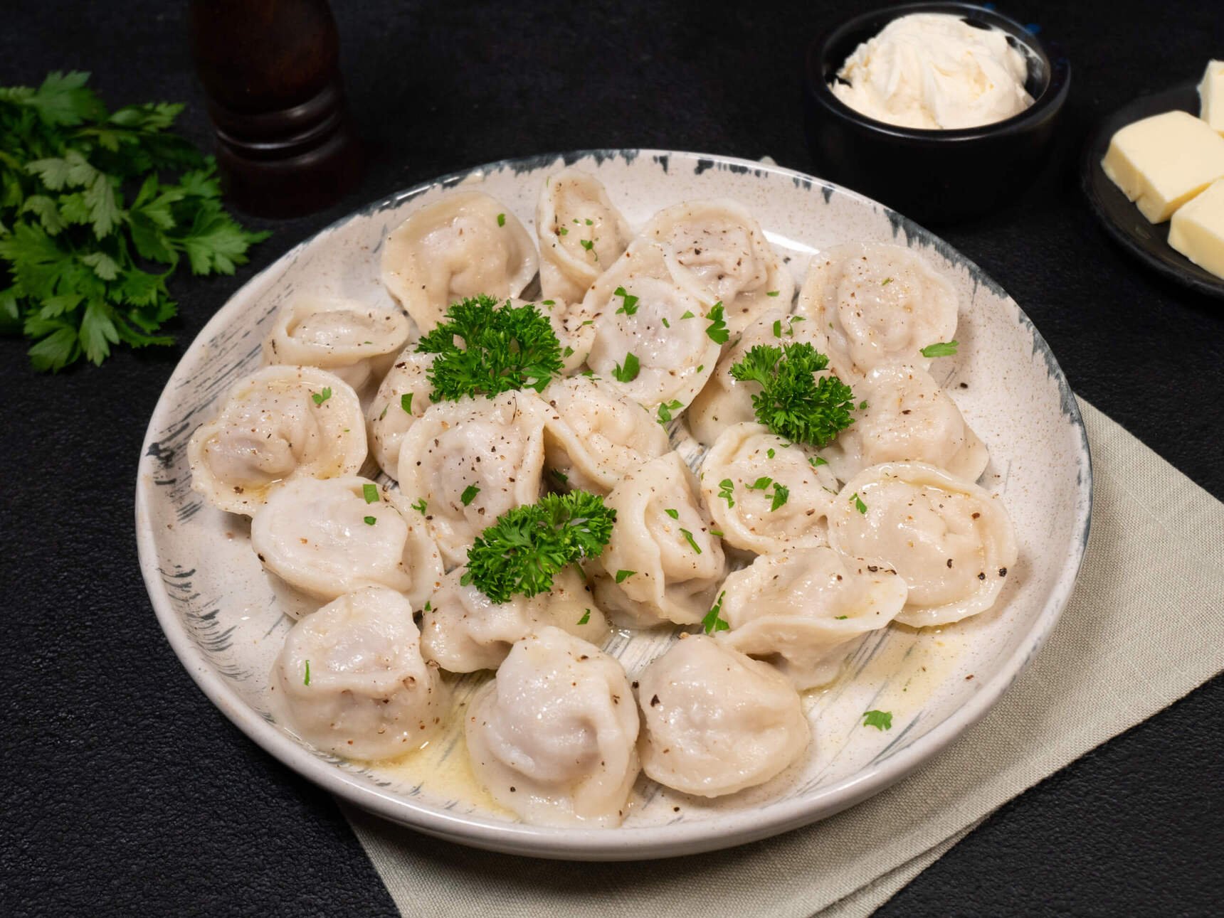 Chicken and pork pelmeni (meat dumplings)