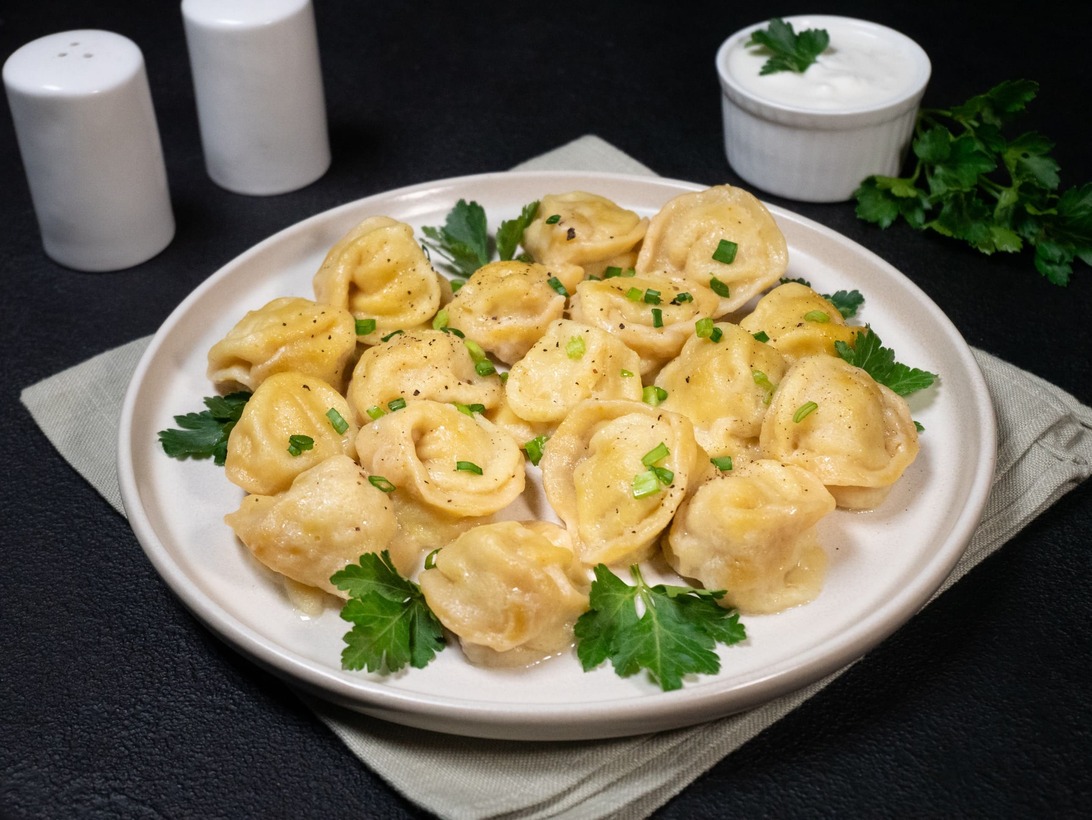 Raviolis con pollo sobre harina de maíz