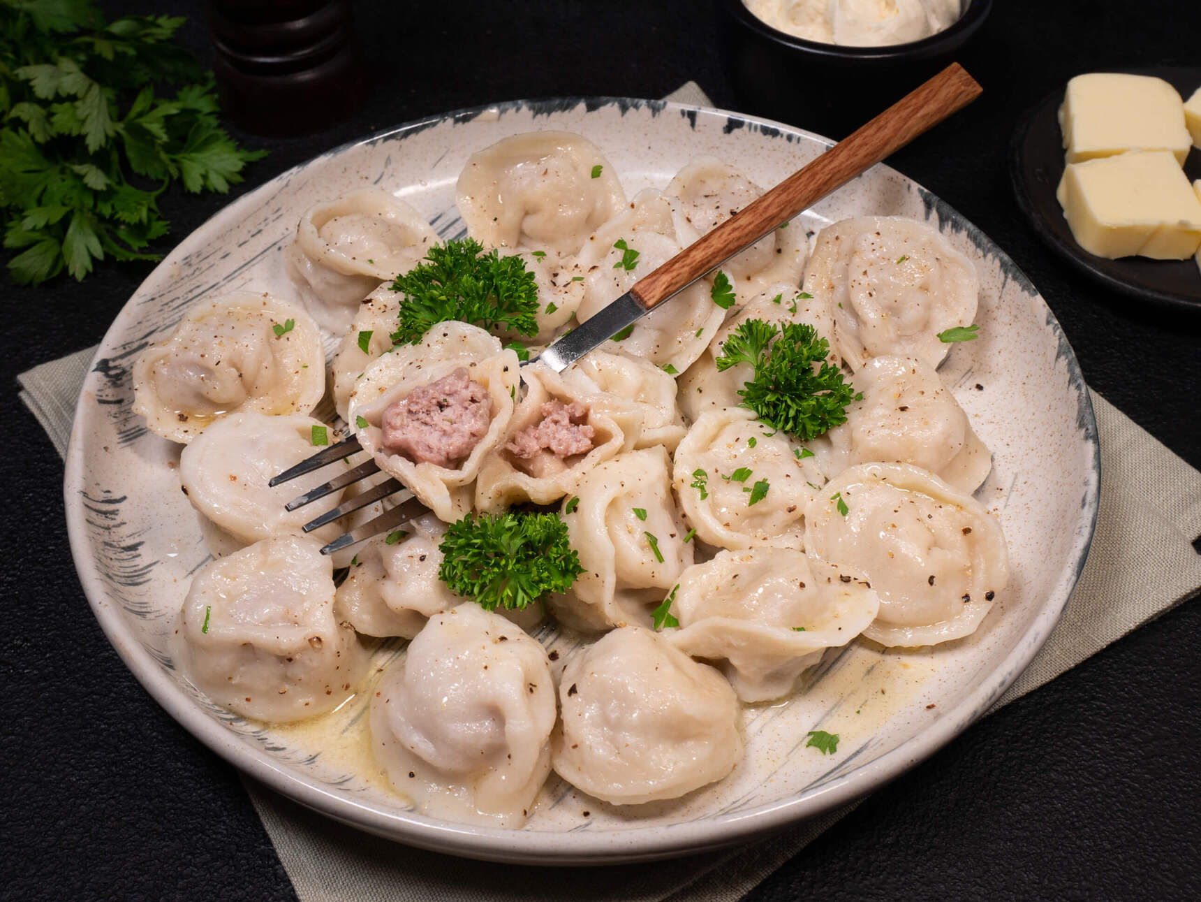 Chicken and pork pelmeni (meat dumplings)