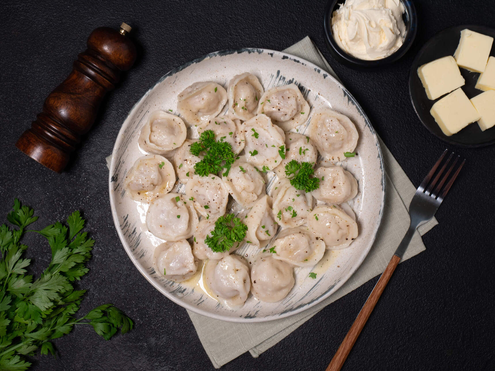 Chicken and pork pelmeni (meat dumplings)