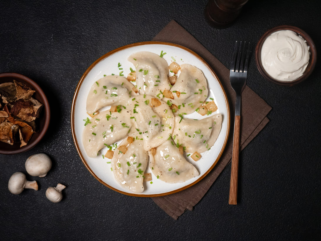 Potato and white mushroom varenyky (dumplings)